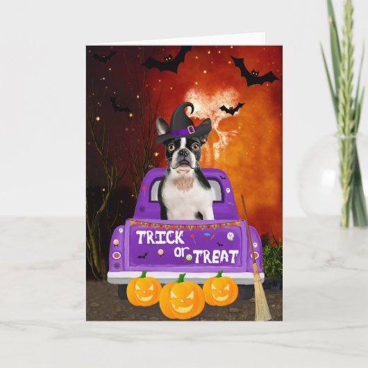 Carte Chien de Boston Terrier dans un camion Halloween (Devant)