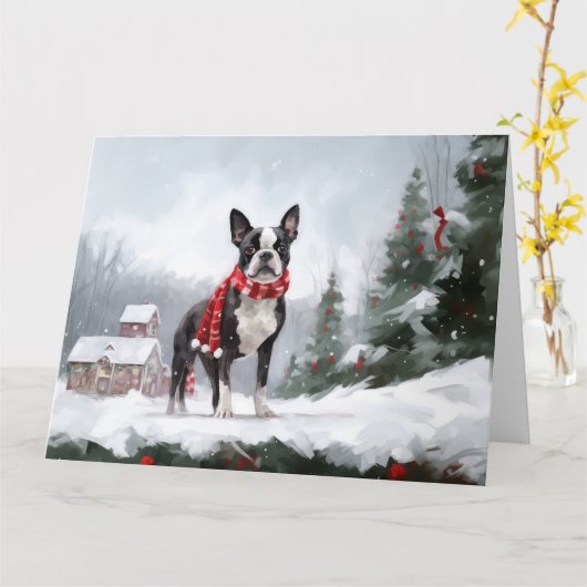 Carte Chien de Boston Terrier pendant Noël de neige (Fleur jaune)