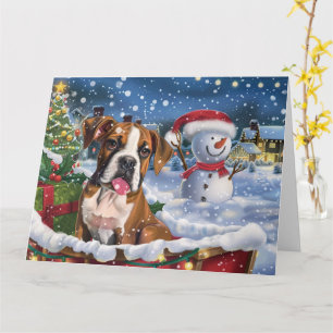Carte Chien de boxe à Noël de neige dorée
