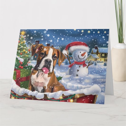 Carte Chien de boxe à Noël de neige dorée (Devant)