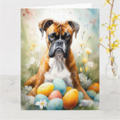 Carte Chien de boxe avec oeufs de Pâques vacances (Fleur jaune)