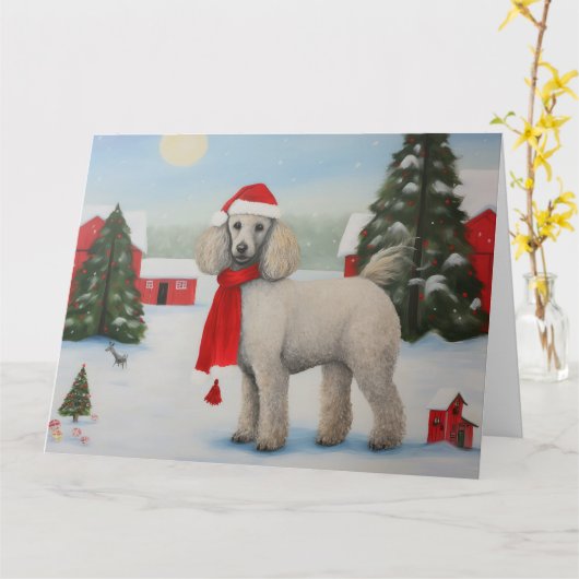Carte Chien de caniche à Noël de neige (Fleur jaune)