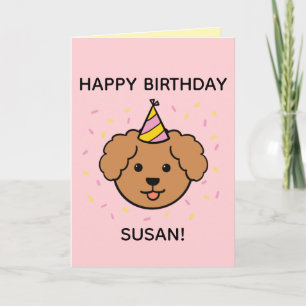 Carte Chien de caniche   Anniversaire rose et jaune plié