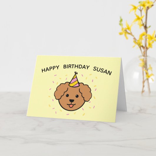 Carte Chien de caniche | Anniversaire rose et jaune plié (Fleur jaune)