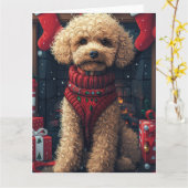 Carte Chien de caniche avec cadeaux de Noël cheminée (Fleur jaune)