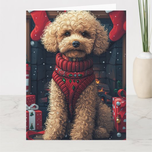Carte Chien de caniche avec cadeaux de Noël cheminée (Devant)