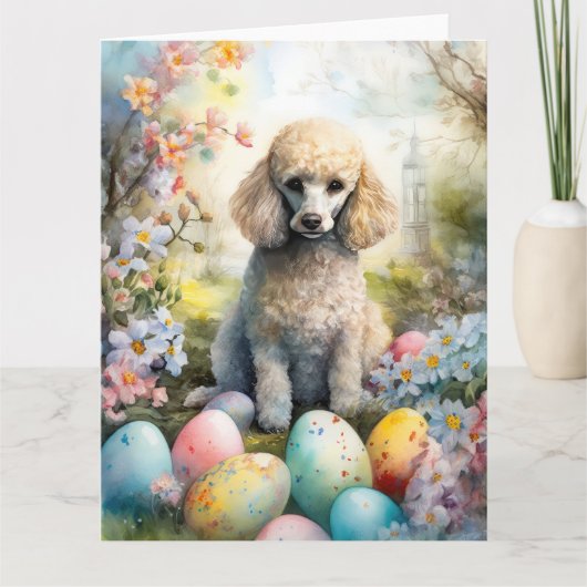 Carte Chien de caniche avec Oeufs de Pâques Fête (Devant)