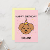 Carte Chien de caniche | Plat d'anniversaire rose et jau (Devant/Arrière en situation)