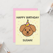 Carte Chien de caniche | Plat d'anniversaire rose et jau (Devant/Arrière en situation)