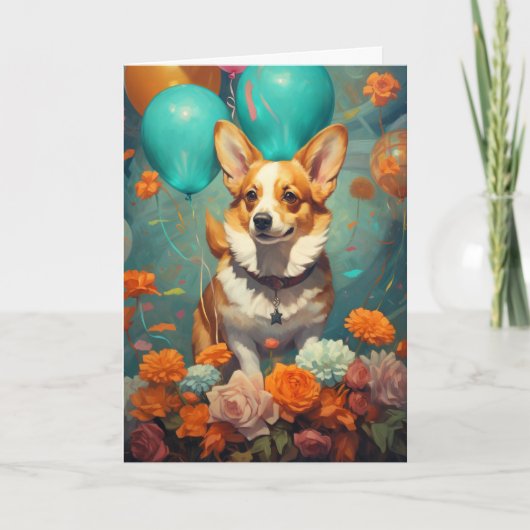Carte Chien de Corgi avec Ballons Anniversaire (Devant)