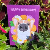 Carte Chien de Corgi avec fleurs violet Personnalisé