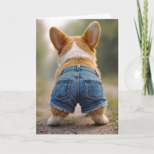 Carte Chien de Corgi d'anniversaire portant le bleu Jean