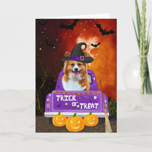 Carte Chien de Corgi dans le camion Halloween (Devant)