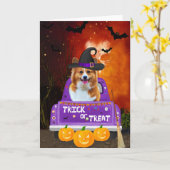 Carte Chien de Corgi dans le camion Halloween (Fleur jaune)