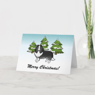 Carte Chien de dessin animé Bi-Black Sheltie en hiver &