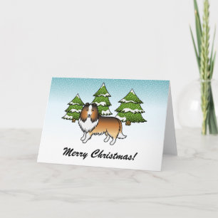 Carte Chien de dessin animé Sable Sheltie en hiver & tex