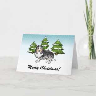 Carte Chien de dessin animé Sheltie Blue Merle en hiver