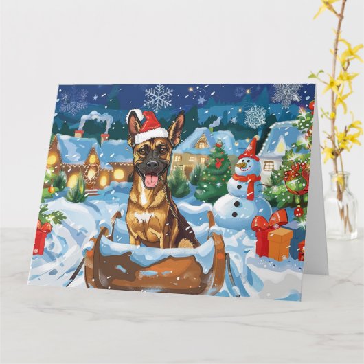 Carte Chien de Malinoi belge à Sleigh Noël de neige (Fleur jaune)