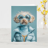 Carte Chien de mode en tenue bleue (Fleur jaune)