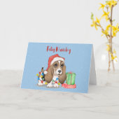 Carte Chien de Noël empêtré dans les lumières (Fleur jaune)