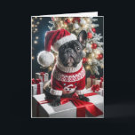 Carte Chien de Noël Français avec chapeau de Père Noël<br><div class="desc">French Bulldog habillé d'un pull festif et d'un chapeau de Père Noël assis au-dessus d'une boîte cadeau entourée de cadeaux de Noël. Le texte peut être modifié.</div>