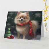 Carte Chien de Poméranie en Noël de neige (Fleur jaune)