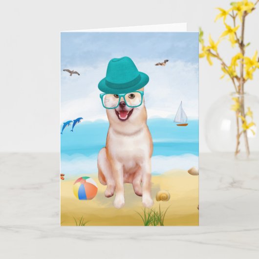 Carte Chien de Shiba Inu sur la plage (Fleur jaune)