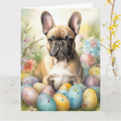 Carte Chien de taureau français avec oeufs de Pâques (Fleur jaune)
