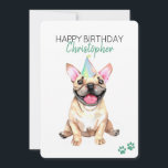 Carte Chien de taureau français Personnalisé Joyeux anni<br><div class="desc">Joyeux anniversaire avec un nom personnalisé. Un joli Chien de Chien de Chien de Chien de Chien de Chien avec un casquette d'anniversaire et des ballons. Ajoutez votre propre message pour une carte personnelle unique. Art réalisé avec des aquarelles.</div>
