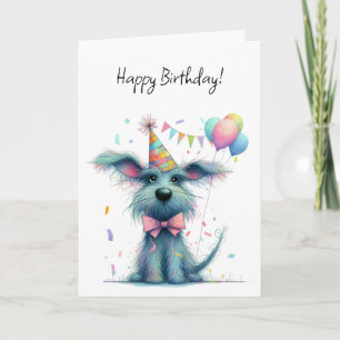 Carte Chien débraillé avec un chapeau de fête et ballons
