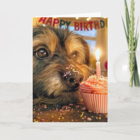 Carte Chien débraillé avec un cupcake d'anniversaire (Devant)