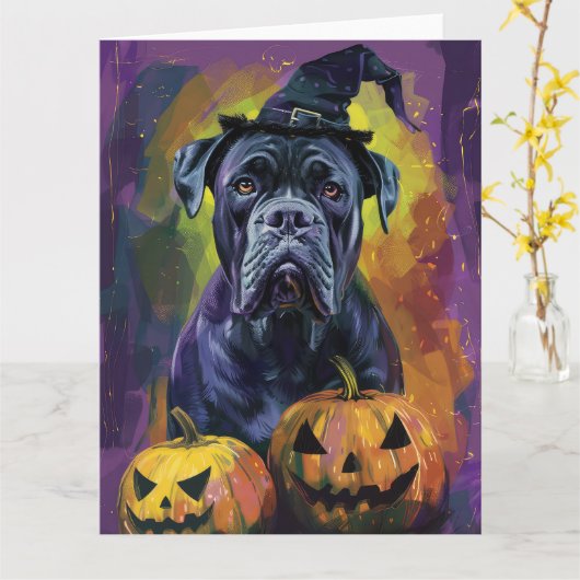 Carte Chien éffrayant Bullmastiff Halloween sorcière et (Fleur jaune)