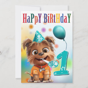 Carte Chien en Chapeau de Fête d'Anniversaire
