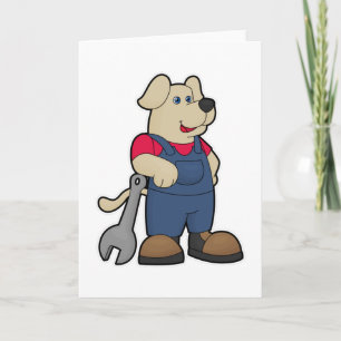 Carte Chien en mécanicien avec clé à tuyau