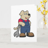 Carte Chien en mécanicien avec clé anglaise (Fleur jaune)