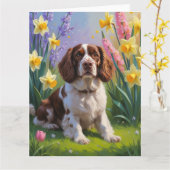 Carte Chien Épagneul Breton Peinture Fleurs de Printemps (Fleur jaune)