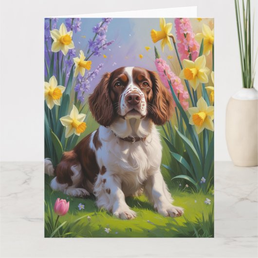 Carte Chien Épagneul Breton Peinture Fleurs de Printemps (Devant)