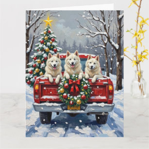 Carte Chien Esquimau Américain Camion Rouge de Noël Vaca