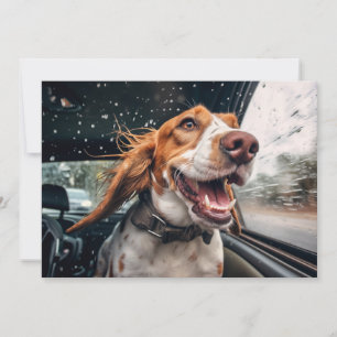 Carte Chien excité sur Rainy Car Ride Art