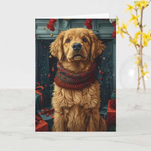 Carte Chien Golden Retriever avec cheminée de cadeau de  (Fleur jaune)