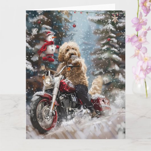 Carte Chien Goldendoodle à moto Noël  (Orchidée)