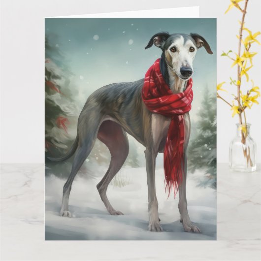 Carte Chien gris à Noël de neige (Fleur jaune)