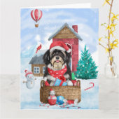 Carte Chien Havanais dans la maison de Noël enneigée (Fleur jaune)