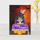 Carte Chien Havanais en camion Halloween (Fleur jaune)