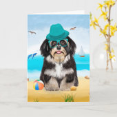 Carte Chien Havanais sur la plage (Fleur jaune)