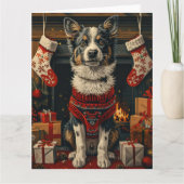 Carte Chien Heeler bleu avec les cadeaux de Noël cheminé (Devant)