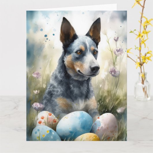 Carte Chien Heeler bleu avec oeufs de Pâques vacances (Fleur jaune)