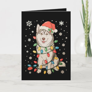 Carte Chien Husky Chapeau de Père Noël Lumières de Sapin