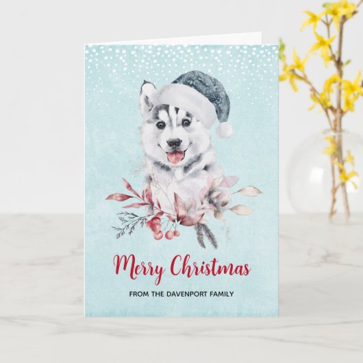Carte Chien Husky de Noël avec un chapeau de Père Noël (Fleur jaune)