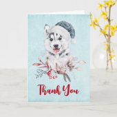 Carte Chien Husky de Noël dans un chapeau de Père Noël M (Fleur jaune)